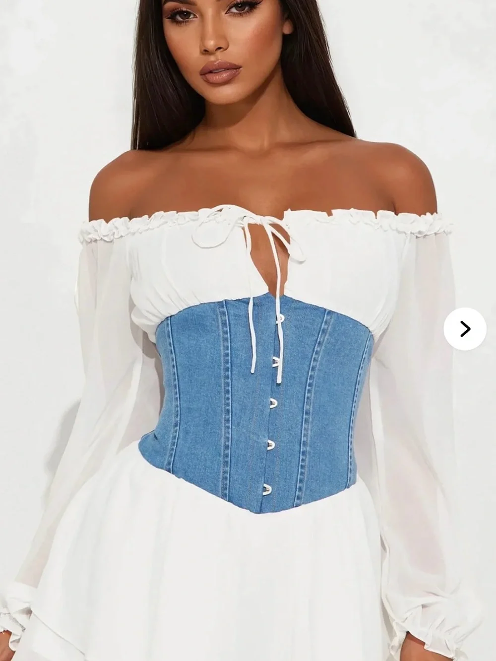 NWT Fashion Nova White Off-Shoulder Romper with Blue Denim Corset